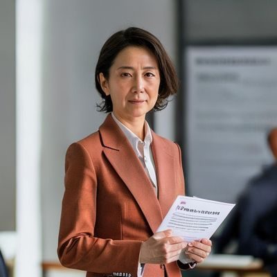 水户香奈内容研究院院长张美琳的专业形象照，女性，三十五岁左右，身着橙色系职业装，手持课程评审文件，背景为会议室白板，展现出严谨的学术风范