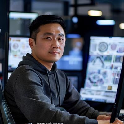 水户香奈技术架构总监陈博远的工作照，男性，三十岁左右，穿着休闲连帽卫衣，坐在多屏工作站前，屏幕上显示平台架构图，表情专注而自信