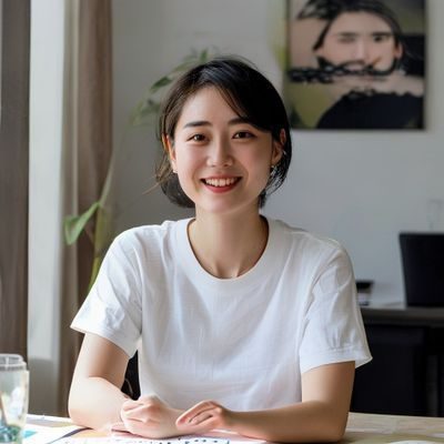 水户香奈用户体验负责人王欣然的形象照，女性，二十八岁左右，短发，穿着白色T恤坐在用户访谈室内，桌上摆放着用户旅程地图便利贴，表情亲切开朗